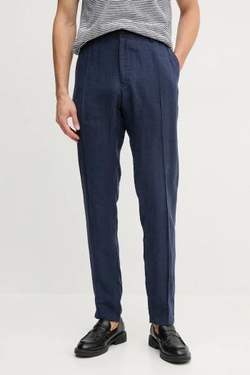 Ľanové nohavice Emporio Armani pánske, tmavomodrá farba, priliehavé, 01P590 01448