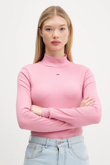 Tričko s dlhým rukávom Tommy Jeans čierna farba, s polorolákom, DW0DW19830
