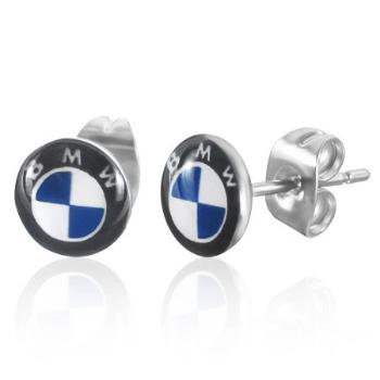 Okrúhle puzetové náušnice z ocele - svetlomodré logo automobilky