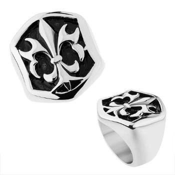 Oceľový prsteň striebornej farby, šesťhranná ozdoba s patinou a Fleur de Lis - Veľkosť: 68 mm