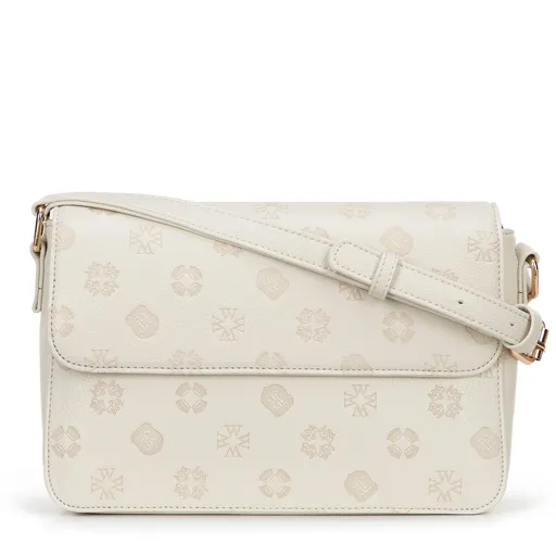 Dámska kabelka cez rameno z ekokože s reliéfnym podpisom, krémová 101-4Y-P06-0