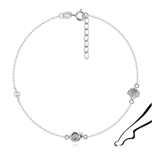 Strieborný náramok na členok 925 s mušľou, slimákom a perlou