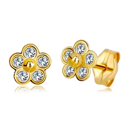Zlaté náušnice 585 - päťlupeňový kvet so zirkónmi a zlatou guličkou v strede
