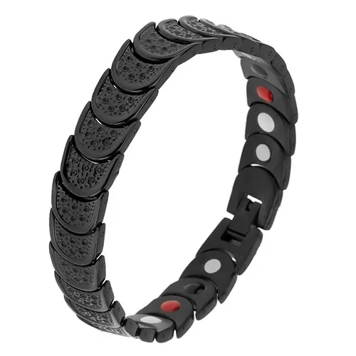 Náramok z ocele čiernej farby, polkruhy s jamkami, farebné magnety