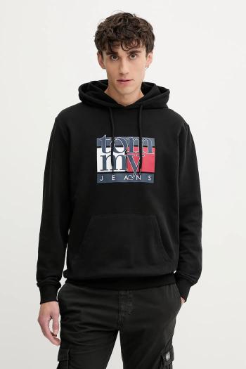 Bavlnená mikina Tommy Jeans čierna farba, s kapucňou, s potlačou, DM0DM22092