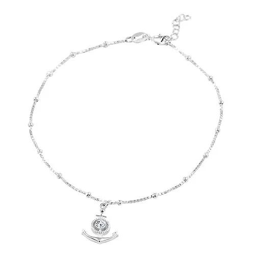 Strieborný náramok na nohu 925, kotva so zirkónom, hranaté články s guličkami