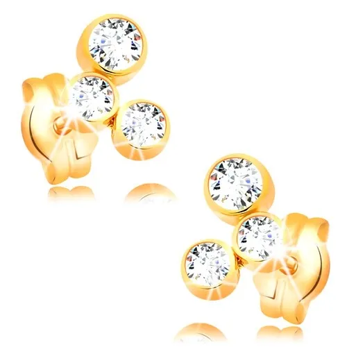 Náušnice v žltom 14K zlate - oblúk z troch ligotavých zirkónov