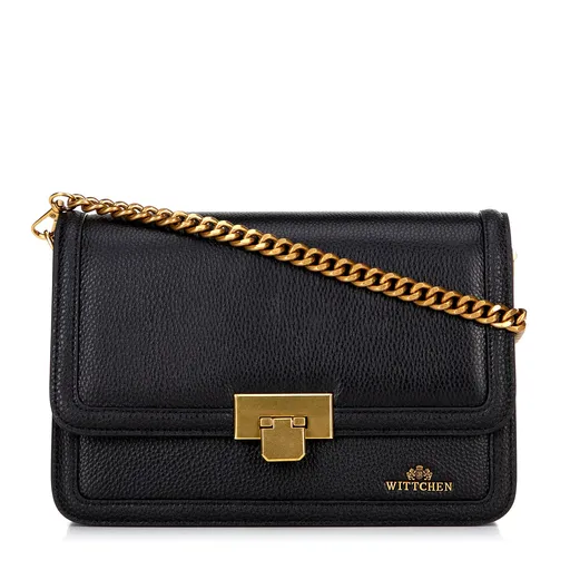 Kožená kabelka crossbody s retiazkou čierno-zlatá 100-4E-206-1G