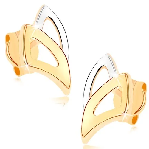 Zlaté náušnice 9K asymetrické trojuholníky v kombinovanom zlate