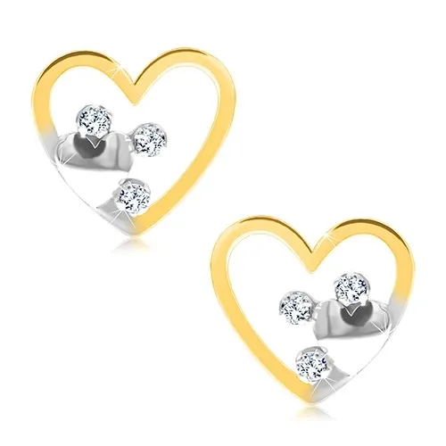 Náušnice z kombinovaného 9K zlata, dvojité srdce so zirkónmi