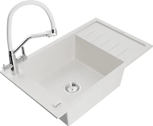 MEXEN/S MEXEN/S - Elias granitový drez s odkvapkávačom vrátane batérie Duo, biela 6511-20-671701-02