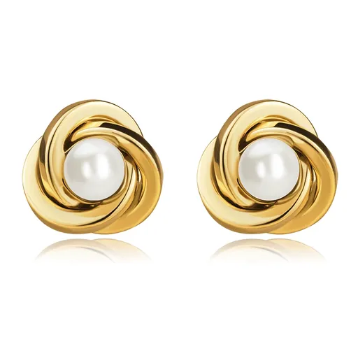Puzetové náušnice v žltom 9K zlate - uzol s kultivovanou perlou uprostred