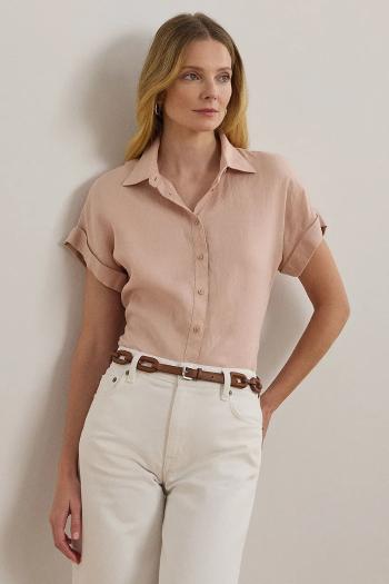 Ľanová košeľa Lauren Ralph Lauren zelená farba, voľný strih, s klasickým golierom, 200699152