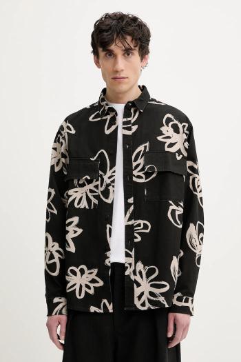 Bavlnená košeľa Desigual NATURE pánska, čierna farba, voľný strih, s klasickým golierom, 25SMCW16