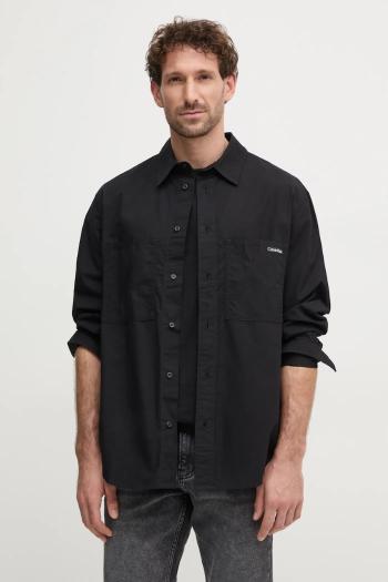 Bavlnená košeľa Calvin Klein Jeans pánska, čierna farba, voľný strih, s klasickým golierom, J30J326721