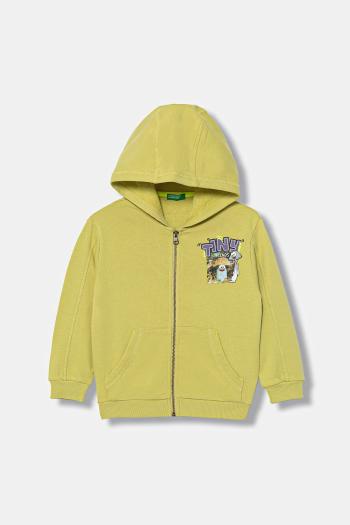 Detská bavlnená mikina United Colors of Benetton zelená farba, s kapucňou, s potlačou, 33NVG5041