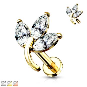 Piercing z ocele 316L do ucha, brady, pery - kvetinové lístky s čírymi zirkónmi, vnútorný závit, ródiovaný 6 mm - Farba: Medená