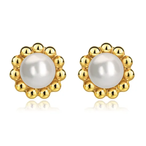 Náušnice zo žltého zlata 375 - motív kvetu s bielou kultivovanou perlou