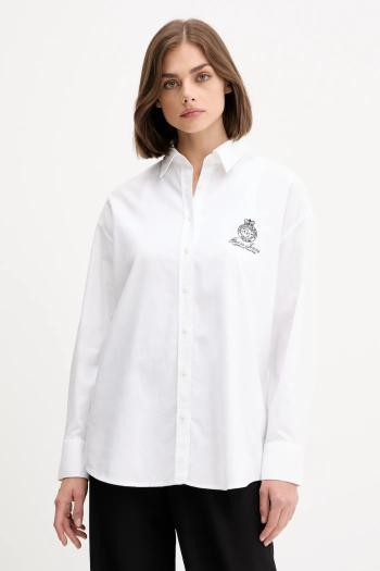 Bavlnená košeľa Guess Jeans biela farba, voľný strih, s klasickým golierom, W5YH98 WHFK1