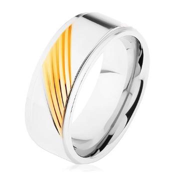 Dvojfarebný prsteň z chirurgickej ocele, šikmé gravírované pásiky - Veľkosť: 63 mm