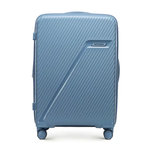 Stredný polypropylénový kufor s diagonálnymi pruhmi, modrý a sivý 56-3T-502-70