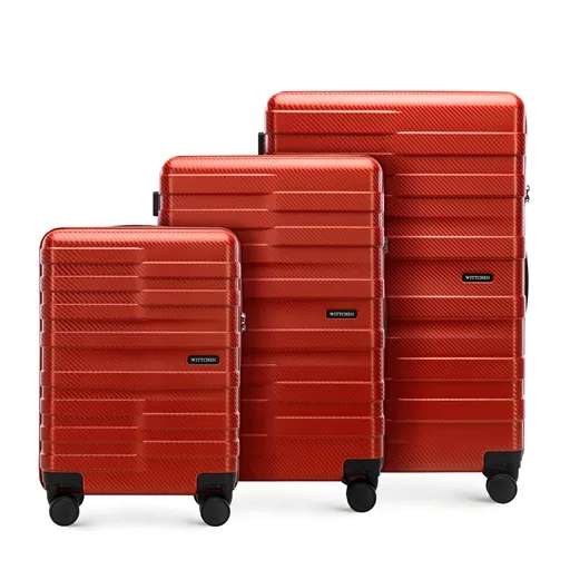 Sada kufrov z polykarbonátu s horizontálnymi pruhmi, červená 56-3P-58S-30