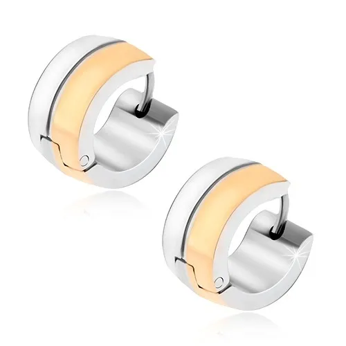 Okrúhle oceľové náušnice, pás lesklej zlatej a matnej striebornej farby