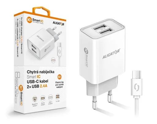 Múdra sieťová nabíjačka ALIGATOR 2,4A, 2xUSB, smart IC, biela, USB-C kábel