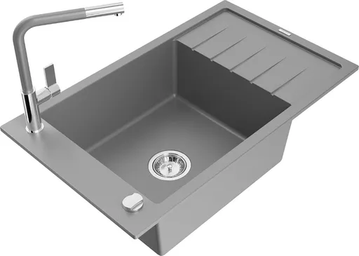 MEXEN/S MEXEN/S - Elias granitový drez 1 s odkvapkávačom vrátane batérie Flora, šedá 6511-71-670401-06