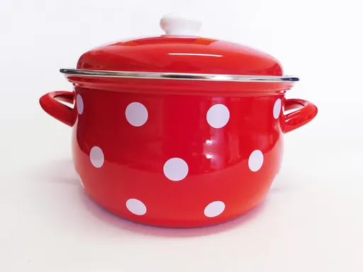BELIS - Hrniec a pokrievka smalt 24cm 6,1L, červený biele bodky
