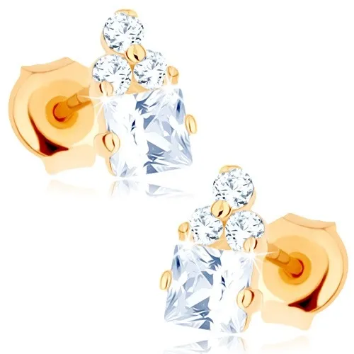 Zlaté náušnice 9K so štvorcovým zirkónom a trojicou okrúhlych zirkónov
