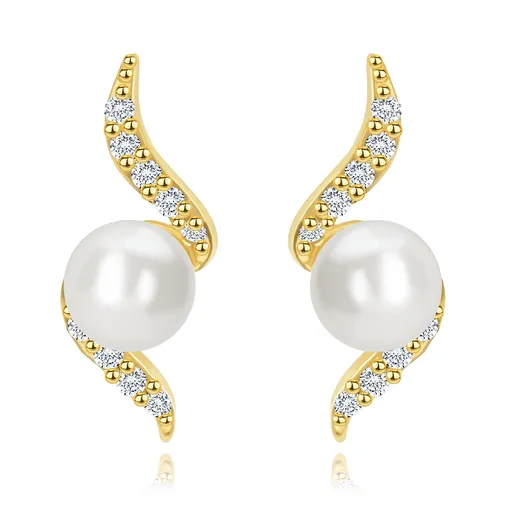 Náušnice zo žltého 14K zlata - trblietavá špirála s perlou bielej farby