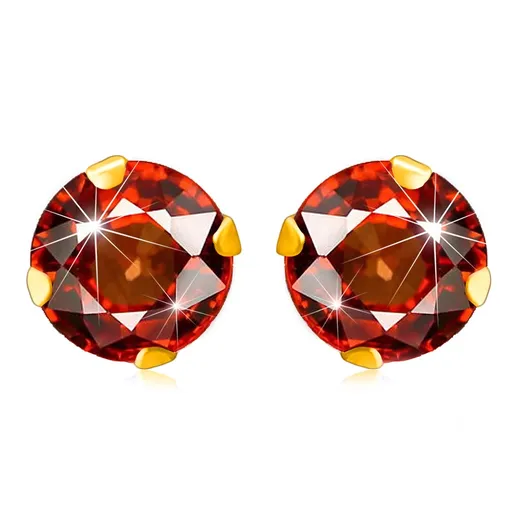 Náušnice v žltom 9K zlate - brúsený okrúhly zirkón červenej farby