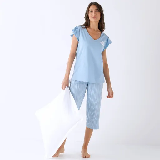 Pyžamo s 3/4 nohavicami, s motívom slnka a pruhovanou potlačou