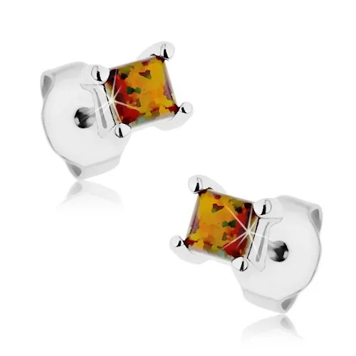 Náušnice z ocele 316L, štvorcový syntetický opál oranžovej a zelenej farby, 3 mm