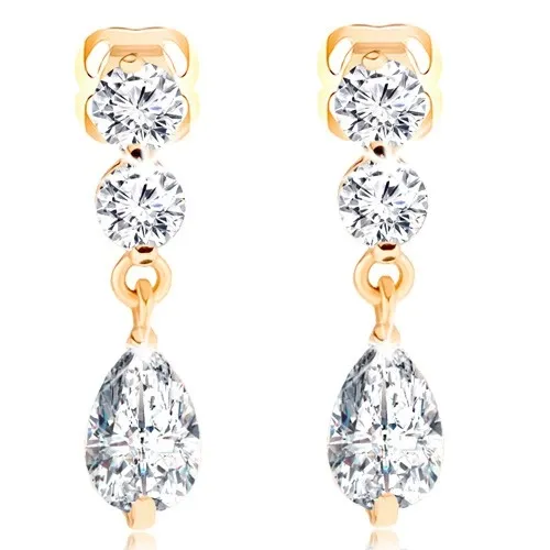 Náušnice zo žltého 14K zlata - okrúhle číre zirkóny, brúsená kvapka