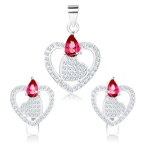 Strieborná sada 925, prívesok a náušnice, srdce v kontúre, zirkónová slza