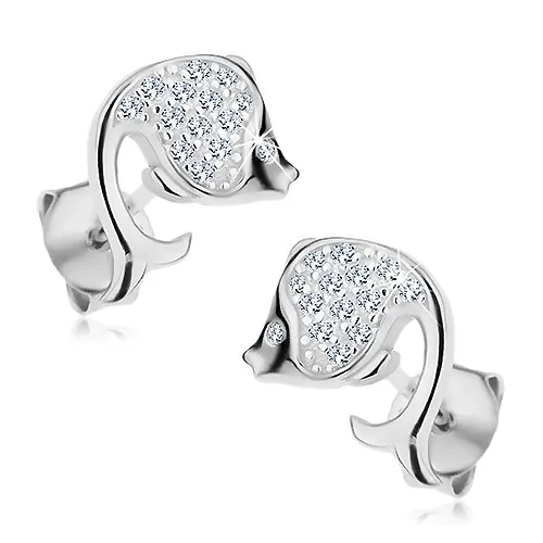Náušnice zo striebra 925, ligotavá rybka so zahnutým chvostom a čírymi zirkónmi