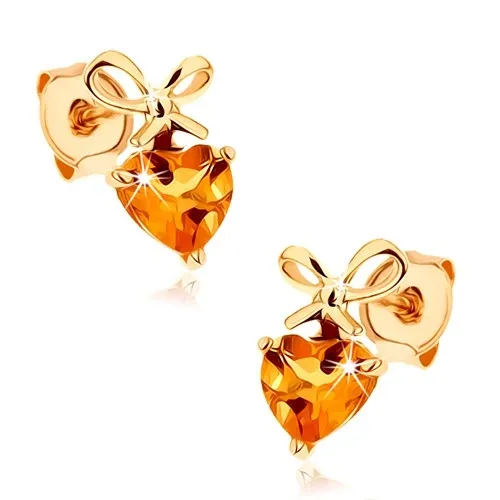 Náušnice v žltom 14K zlate - žlté citrínové srdiečko s uviazanou mašľou