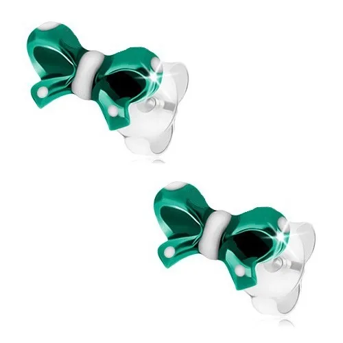 Strieborné náušnice 925, lesklá mašlička, glazúra tmavozelenej a bielej farby