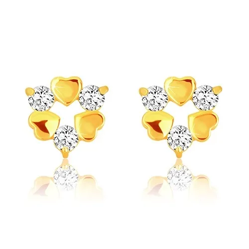 Náušnice v žltom 9K zlate - tri symetrické srdiečka a tri trblietavé zirkóny