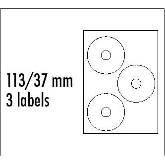 Logo etikety na CD 113/37mm, A4, matné, biele, 3 etikety, 140g/m2, balené po 10 ks, pre inkoustové a laserové tlačiarne