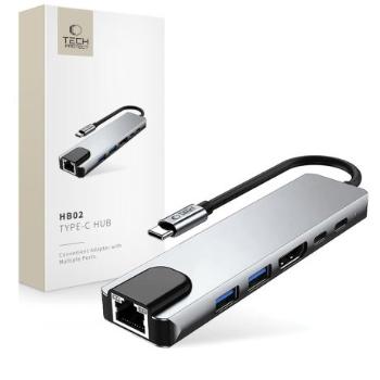 Tech-Protect HB02 HUB adaptér USB-C - 2x USB / HDMI 4K / RJ45 / USB-C 100W, šedý