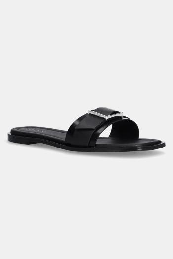 Kožené šľapky Calvin Klein FLAT SLIDE W/BUCKLE - LTH dámske, čierna farba, HW0HW02490