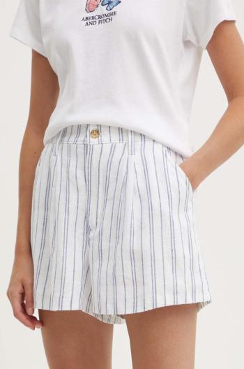 Ľanové šortky Hollister Co. biela farba, vzorované, vysoký pás
