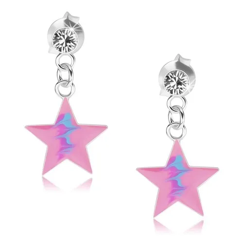 Puzetové náušnice, striebro 925, ružová hviezda, modrý cik-cak vzor, krištáľ