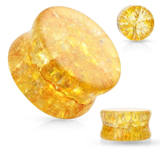 Sklenený sedlový plug do ucha s oblými hranami, priehľadný, medová farba, rozbitý efekt - Hrúbka: 6 mm