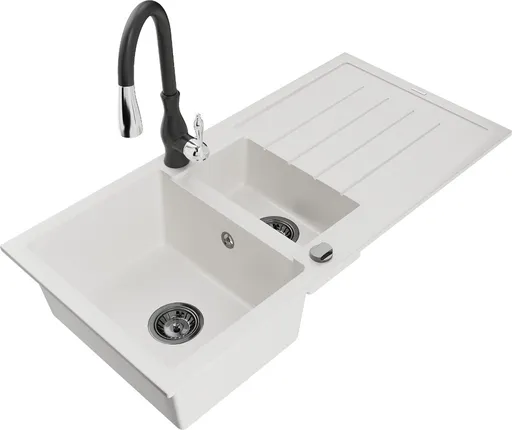 MEXEN/S MEXEN/S - Andres granitový drez s odkvapkávačom vrátane batérie Savita, biela 6515-20-672601-70