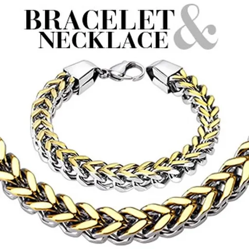 Sada - dvojfarebný oceľový náramok a náhrdelník, dva rady jednoduchých očiek