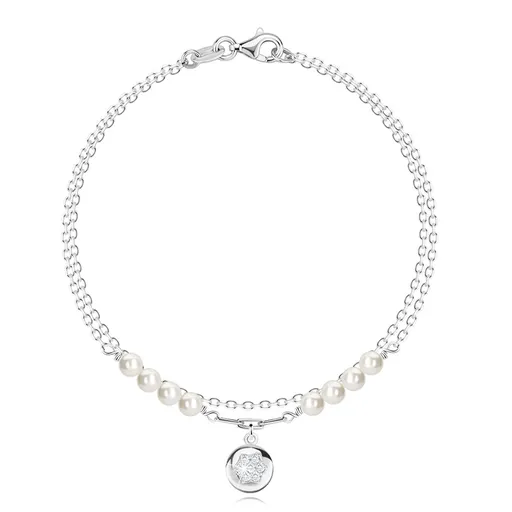 Dvojitý strieborný 925 náramok - biele syntetické perly, krúžok, zirkónová hviezda